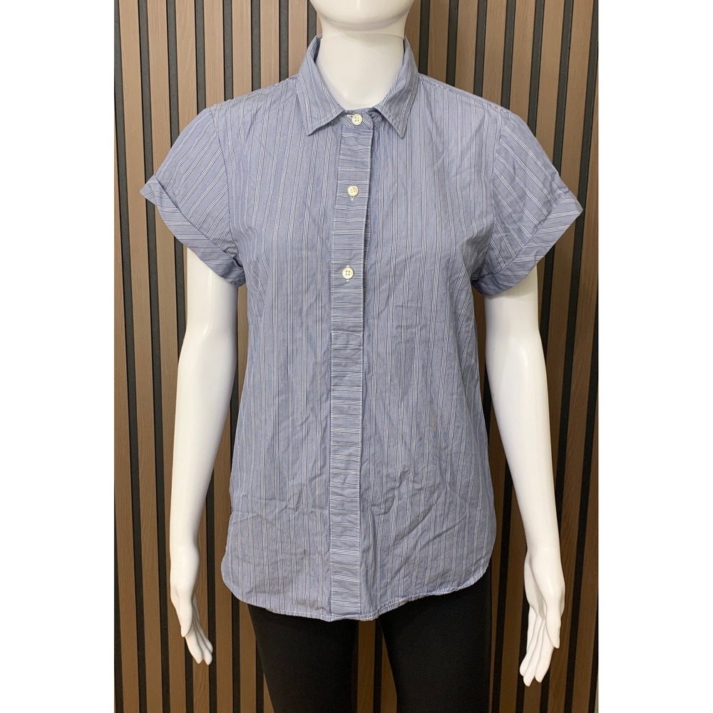 J.Crew Women's Blue White Striped Short Sleeve Button Down Cotton Shirt Size M
